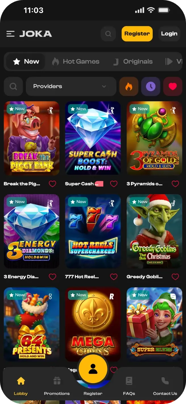 L'interface mobile de Joka Casino présente une sélection de nouveaux jeux