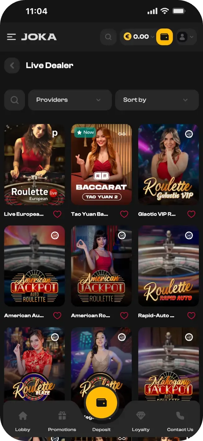 Interface mobile du Joka Casino affichant la section Live Dealer avec des jeux de roulette et baccarat en direct.