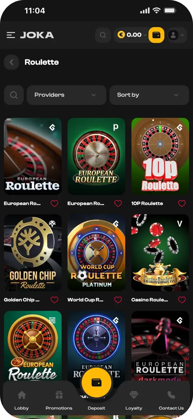 Interface mobile du Joka Casino affichant la section Roulette avec plusieurs variantes de roulette européennes et premium.
