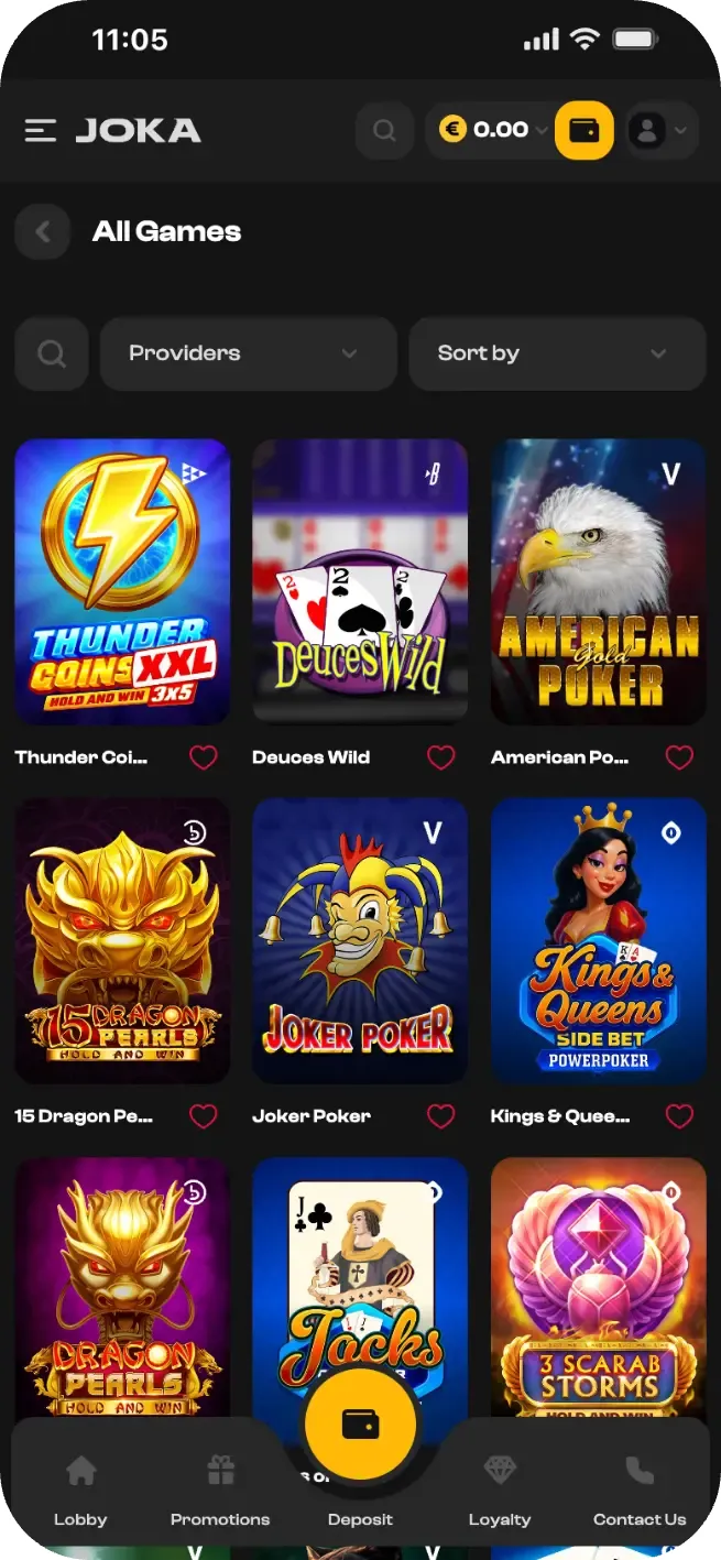 Interface mobile du Joka Casino affichant la section All Games avec une sélection de machines à sous et jeux de poker populaires.