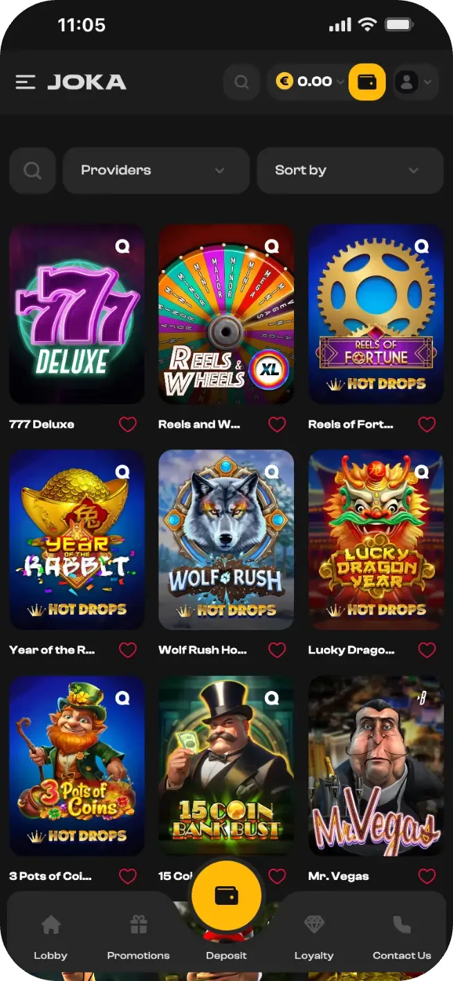Interface mobile du Joka Casino montrant la catégorie des jeux Hot Drops avec une sélection de machines à sous populaires.