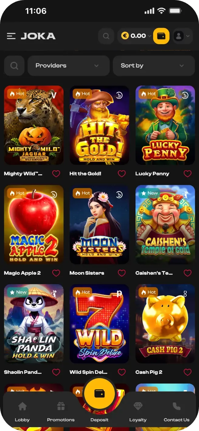 Interface mobile du Joka Casino présentant une sélection de machines à sous populaires dans la section Hot Games.